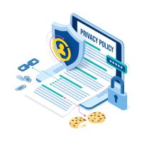 Privacy policy isometric landing page, data protection, digital security, personal confidential information online safety. Laptop with generated template, shield and lock 3d vector line art web banner